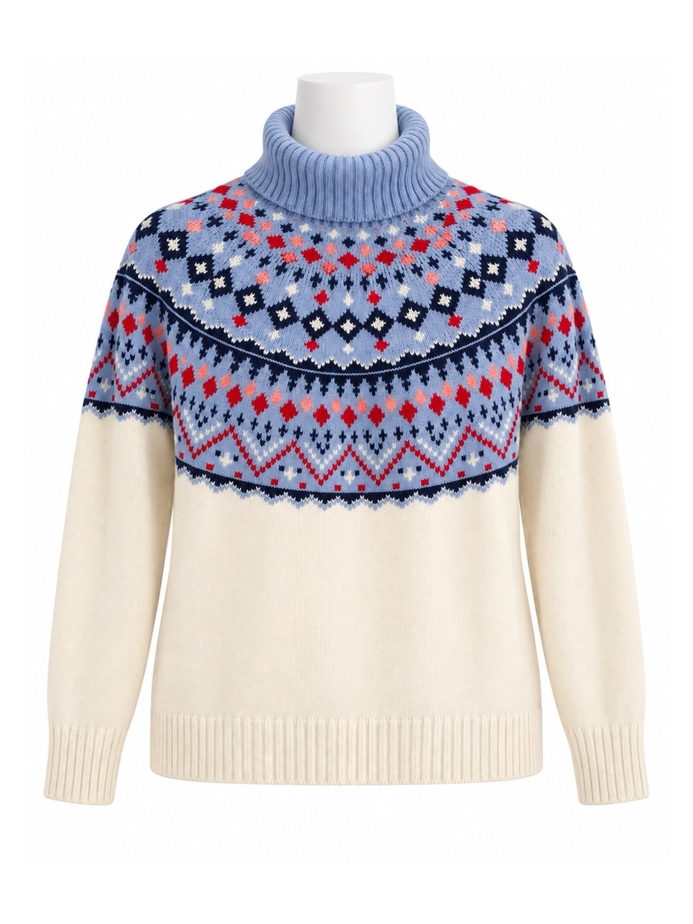 Size 8-10 Atlas for Women Women’s Fair Isle Turtleneck Pullover Sweater Blue